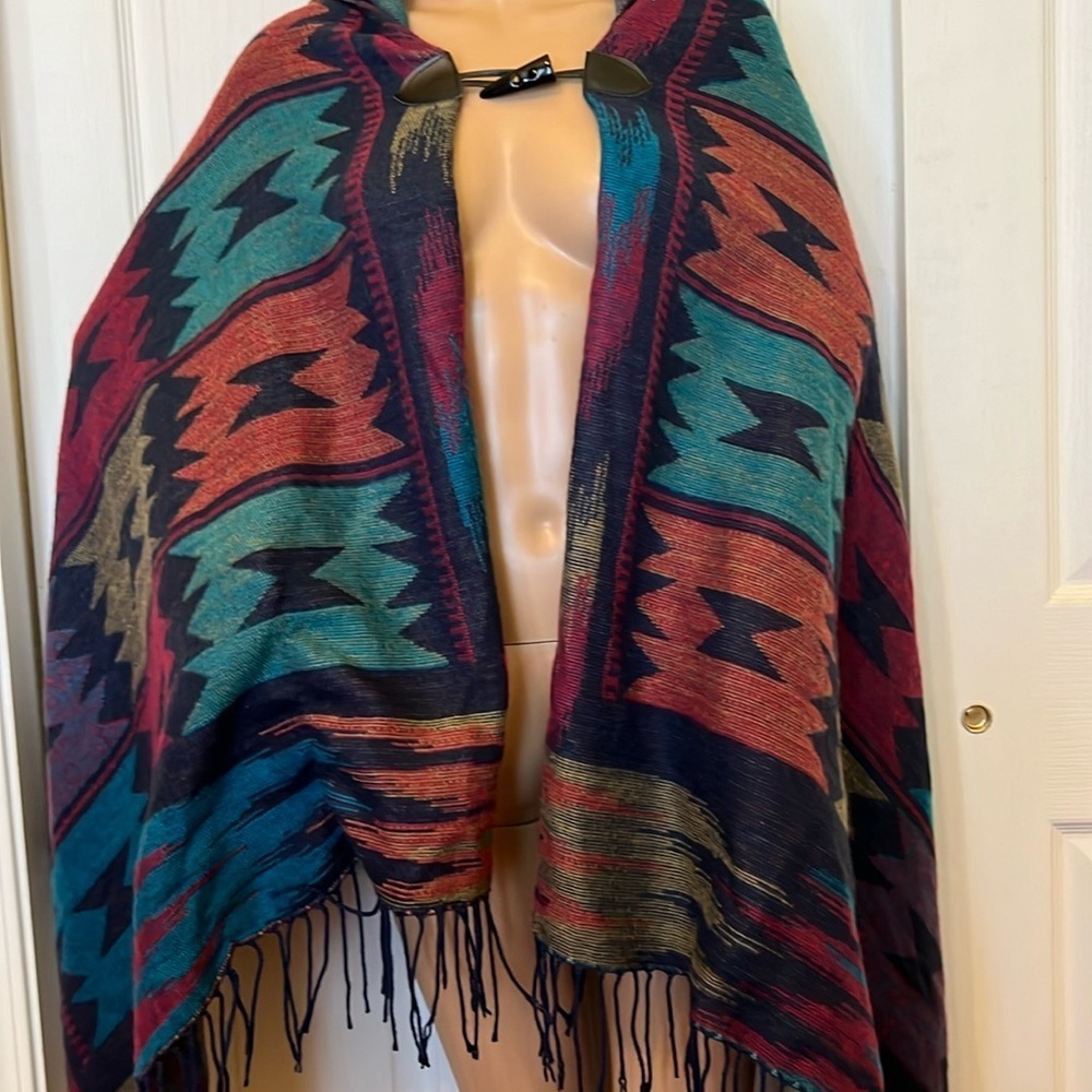 Alpaca wool Indian blanket hooded fringed cape OS